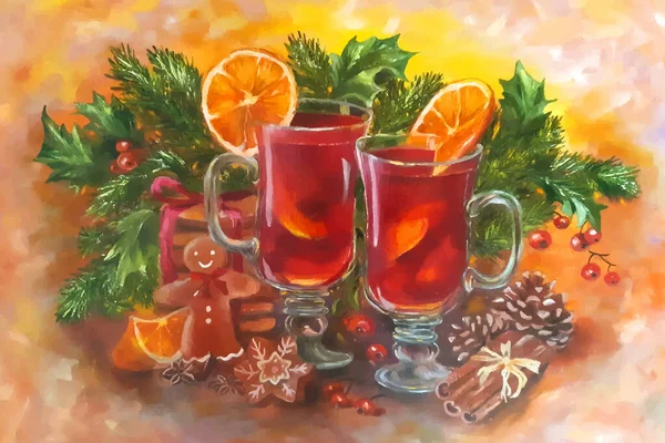 Handgemachtes Ölgemälde Auf Leinwand Weihnachtsbild Mit Glühwein Tannenzweigen Plätzchen Orange — Stockvektor