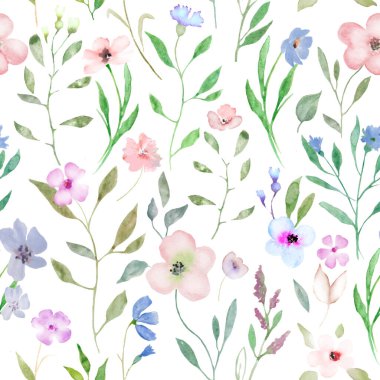  Soyut mavi, pembe çiçekler, yeşil yapraklar ve dallarla suluboya desenleri. Beyaz arka planda izole edilmiş el çizimi çiçek çizimi. Paketleme, ambalaj tasarımı ya da baskı için. Vektör EPS.