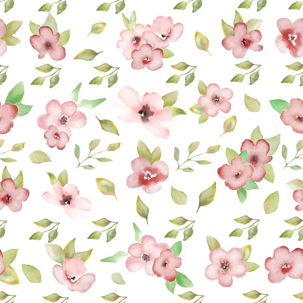 Watercolor Seamless Pattern Abstract Pink Flowers Leaves Branches Hand Drawn — Stock Photo, Image