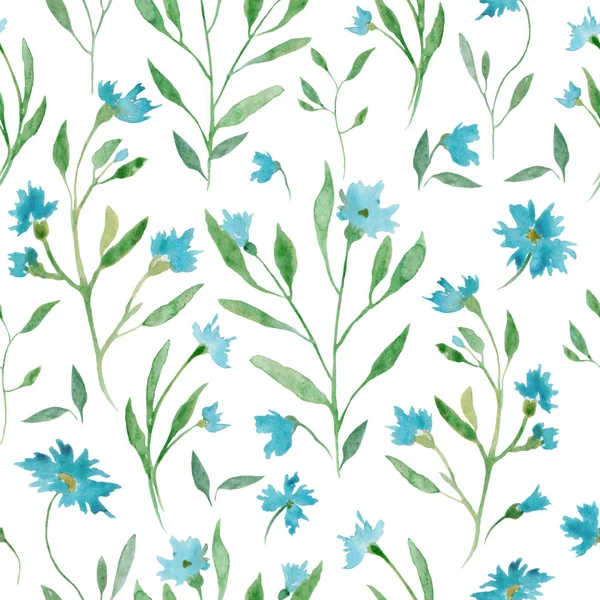 抽象的な青の花 緑の葉 枝と水彩シームレスパターン 白地に描かれた花のイラストを手描き 包装デザインまたは印刷のために — ストックベクタ