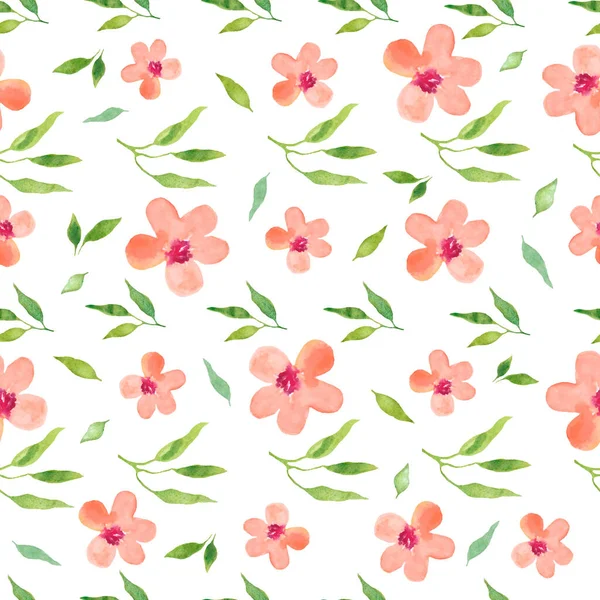 Υδατογραφία Αδιάλειπτη Μοτίβο Αφηρημένα Ροζ Λουλούδια Φύλλα Κλαδιά Χειροποίητη Floral — Διανυσματικό Αρχείο