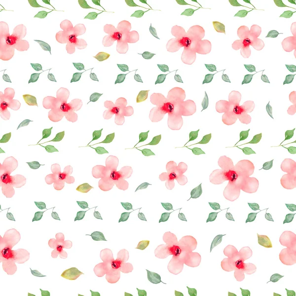 Watercolor Seamless Pattern Abstract Pink Flowers Leaves Branches Hand Drawn — Stock Photo, Image