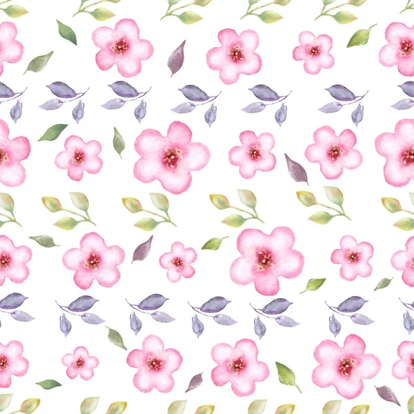 Υδατογραφία Αδιάλειπτη Μοτίβο Αφηρημένα Ροζ Λουλούδια Φύλλα Κλαδιά Χειροποίητη Floral — Φωτογραφία Αρχείου