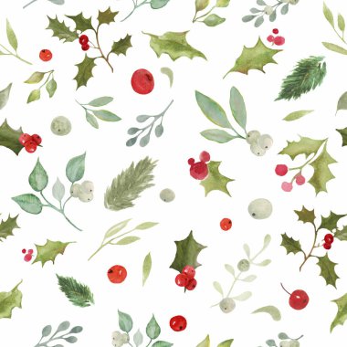  Çiçeksiz suluboya Noel deseni, elle çizilmiş suluboya kutsal dallar, yapraklar ve böğürtlen resimleriyle. Paketleme, paketleme veya yazdırma için doğal çiçek arkaplanını tekrarla. Vektör EPS.
