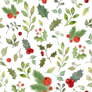 Çiçeksiz suluboya Noel deseni, elle çizilmiş suluboya kutsal dallar, yapraklar ve böğürtlen resimleriyle. Paketleme, paketleme tasarımı veya yazdırma için çiçek arkaplanını tekrarla.