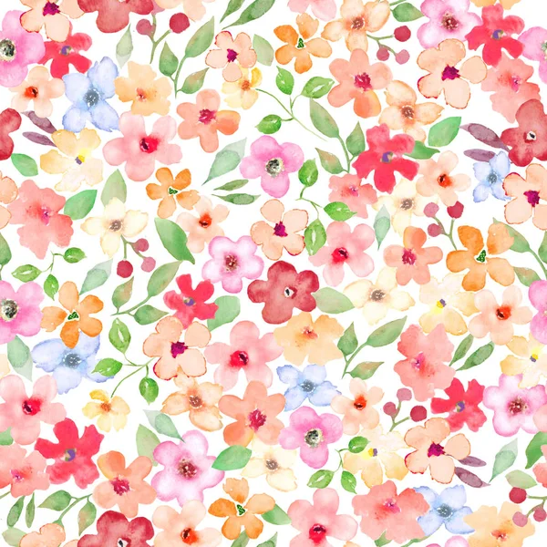 水彩斑斓的无缝图案 有抽象的花朵 在白色背景上孤立的手工绘制的花卉插图 纺织品 包装设计或印刷用 — 图库照片