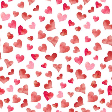  Soyut kırmızı kalpli, kusursuz bir suluboya desen. Beyaz arka planda izole edilmiş el çizimi çiçek çizimi. Paketleme, tekstil, paketleme tasarımı veya yazdırma için.