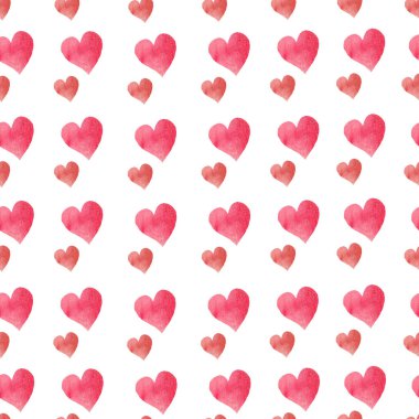 Soyut kırmızı kalpli, kusursuz bir suluboya desen. Beyaz arka planda izole edilmiş el çizimi çiçek çizimi. Paketleme, tekstil, paketleme tasarımı veya yazdırma için.