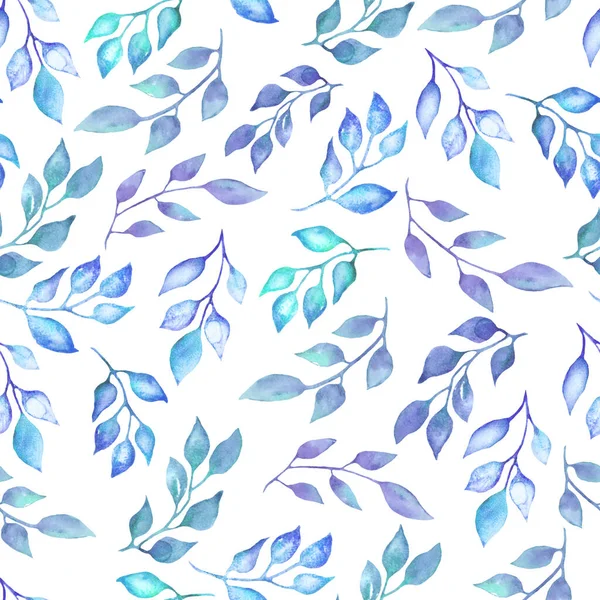 Patrón Sin Costura Acuarela Con Ramas Azules Abstractas Hojas Ilustración —  Fotos de Stock