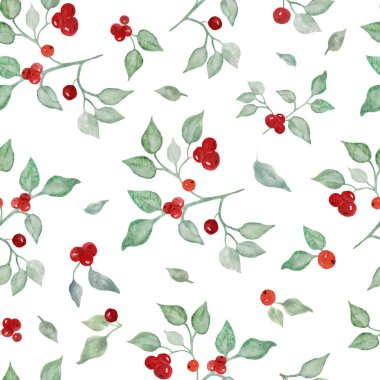 Elle çizilmiş suluboya dallar, yapraklar ve kırmızı böğürtlen resimleriyle suluboya Noel desenleri. Paketleme, paketleme tasarımı veya yazdırma için çiçek arkaplanını tekrarla.