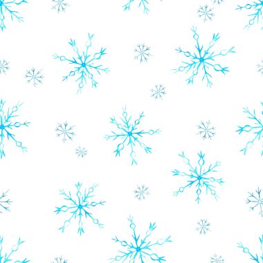 Soyut mavi kar taneleriyle Noel suluboya desenleri. El çizimi kış çizimleri beyaz arka planda izole edilmiş. Paketleme, ambalaj tasarımı ya da baskı için. Vektör EPS.