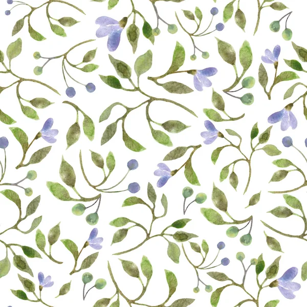 Watercolor seamless pattern with abstract blue flowers, leaves, branches. Hand drawn floral illustration isolated on yellow background. For packaging, wrapping design or print. Vector EPS.