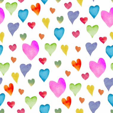 Soyut renkli kalplerle suluboya kusursuz desen. El çizimi çizimi. Paketleme, ambalaj tasarımı ya da baskı için. Sevgililer gününde tasarım için uygun. Vektör EPS.