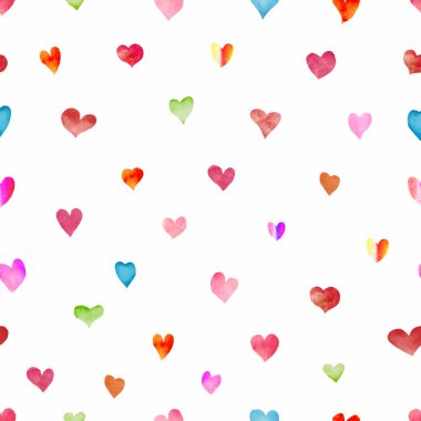 Soyut renkli kalplerle suluboya kusursuz desen. Beyaz arka planda el çizimi illüstrasyon. Paketleme, paketleme tasarımı için. Sevgililer gününde tasarım için uygun. Vektör EPS.