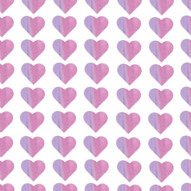 Soyut mor kalplerle suluboya kusursuz desen. Beyaz arka planda el çizimi illüstrasyon. Paketleme, ambalaj tasarımı ya da baskı için. Sevgililer gününde tasarım için uygun.