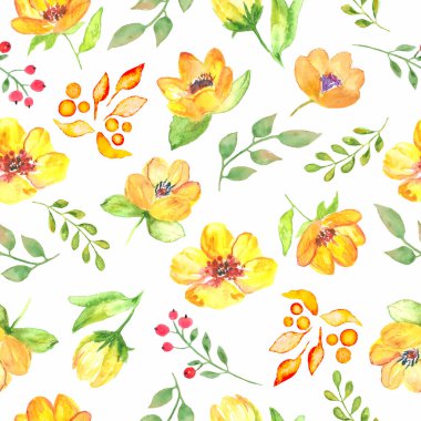 Soyut çiçekler, yapraklar, dallar ve böğürtlenlerle sulu boya deseni. Beyaz arka planda izole edilmiş el çizimi çiçek çizimi. Paketleme, paketleme tasarımı veya yazdırma için.