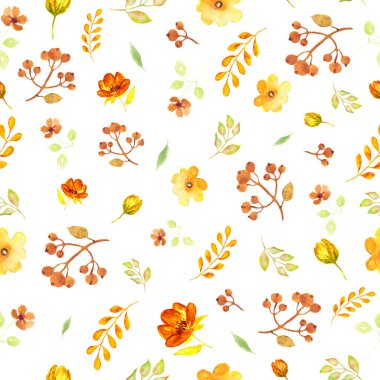 Soyut sarı çiçekler, yapraklar, dallar ve böğürtlenlerle sulu boya deseni. Beyaz arka planda izole edilmiş el çizimi çiçek çizimi. Paketleme, paketleme tasarımı veya yazdırma için.