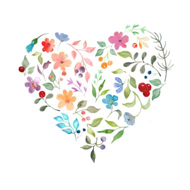 Çiçekten yapılmış bir kalp. Sevgililer günü kartı. Beyaz arka planda el çizimi illüstrasyon. Paketleme, paketleme tasarımı, düğün ya da baskı için. Vektör EPS.