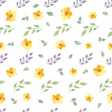 Soyut sarı çayır çiçekleri, yapraklar, dallar ve böğürtlenlerle sulu boya deseni. Beyaz arka planda izole edilmiş el çizimi çiçek çizimi. Paketleme, paketleme tasarımı veya yazdırma için.