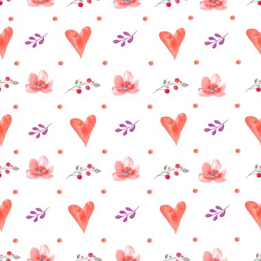  Watercolor seamless pattern with abstract red hearts, flowers, branches, berries. Hand drawn illustration isolated For packaging, wrapping design or print. Suitable for design on Valentine's day