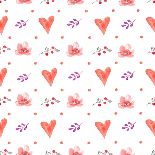 Watercolor Seamless Pattern Abstract Red Hearts Flowers Branches Berries Hand — Foto Stock