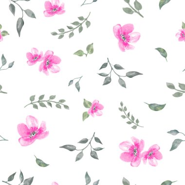 Watercolor seamless pattern with abstract pink flowers, green leaves, branches. Hand drawn floral illustration isolated on white background. For packaging, wrapping design or print. Vector EPS.