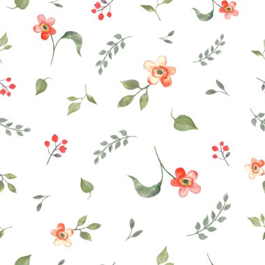 Watercolor seamless pattern with abstract flowers, berries, leaves, branches. Hand drawn floral illustration isolated on white background. For packaging, wrapping design or print.