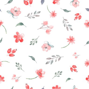  Watercolor seamless pattern with abstract flowers, berries, leaves, branches. Hand drawn floral illustration isolated on white background. For packaging, wrapping design or print.