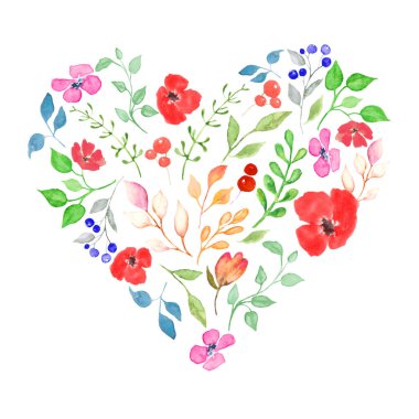 Heart made of watercolor colorful floral. Valentine's Day card. Hand drawn illustration isolated on white background. For packaging, wrapping design, wedding or print. Vector EPS.