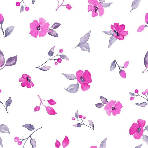 Watercolor Seamless Pattern Abstract Purple Flowers Leaves Branches Berries Hand — Stok Vektör