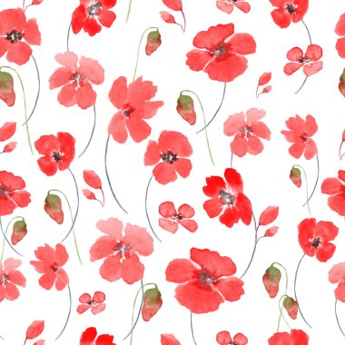  Watercolor seamless pattern with abstract red poppy flowers and leaves. Hand drawn floral illustration isolated on white background. For packaging, wrapping design or print.