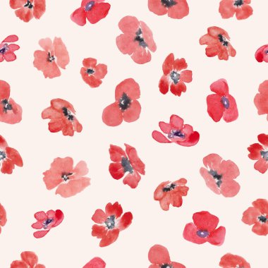 Watercolor seamless pattern with abstract red poppy flowers and leaves. Hand drawn floral illustration isolated on beige background. For packaging, wrapping design or print.