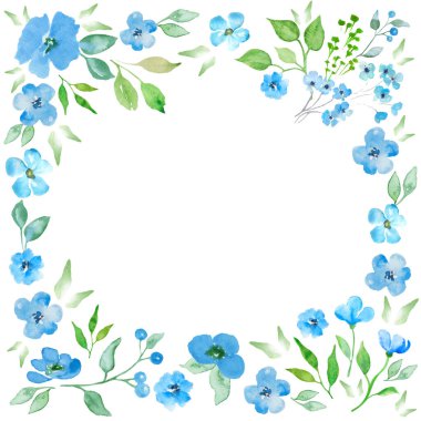 Watercolor floral frame. Blue flowers and green leaves decoration for invitation, wedding, birthday, mothers day, or greeting cards.Hand drawn illustration.