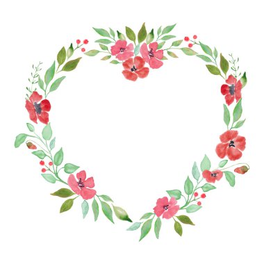 Watercolor floral wreath heart with beautiful painted flowers and leaves. Hand drawn illustration. Design for Valentine's day, invitation, wedding or greeting cards. Vector EPS.