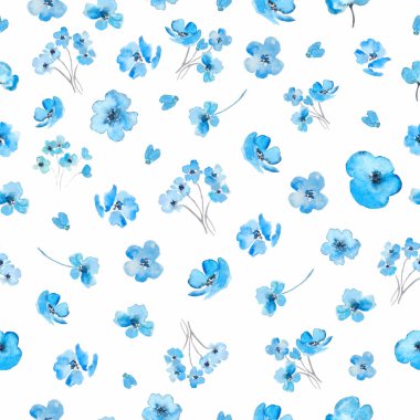  Watercolor seamless pattern with abstract blue flowers, green leaves. Hand drawn floral illustration isolated on white background. For packaging, wrapping design or print. Vector EPS.