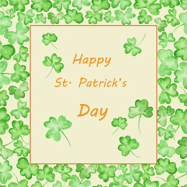 Watercolor Patrick Day Greeting Card Green Clover Hand Drawn Illustration — Stok fotoğraf