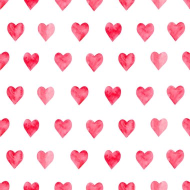 Soyut kırmızı kalpli, kusursuz bir suluboya desen. Beyaz arka planda el çizimi illüstrasyon. Paketleme, ambalaj tasarımı ya da baskı için. Sevgililer gününde tasarım için uygun.