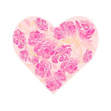 Watercolor roses heart for your design. Hand drawn roses floral illustration. Pink background for greeting cards, invitation, wrapping, packaging for Mother's Day, women's Day
