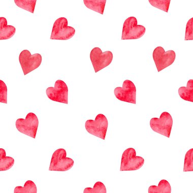 Soyut kırmızı kalpli, kusursuz bir suluboya desen. Beyaz arka planda el çizimi illüstrasyon. Paketleme, ambalaj tasarımı ya da baskı için. Sevgililer gününde tasarım için uygun.