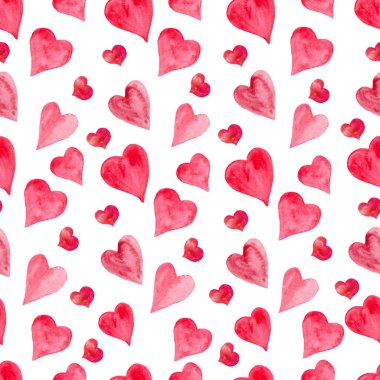 Soyut kırmızı kalpli, kusursuz bir suluboya desen. Beyaz arka planda el çizimi illüstrasyon. Paketleme, ambalaj tasarımı ya da baskı için. Sevgililer gününde tasarım için uygun.