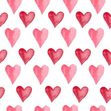 Soyut kırmızı kalpli, kusursuz bir suluboya desen. Beyaz arka planda el çizimi illüstrasyon. Paketleme, ambalaj tasarımı ya da baskı için. Sevgililer gününde tasarım için uygun.