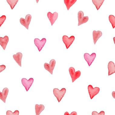 Watercolor seamless pattern with abstract red hearts. Hand drawn illustration isolated on white background. For packaging, wrapping design or print. For design on Valentine's day