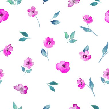 Watercolor seamless pattern with abstract spring purple flowers, green leaves. Hand drawn floral illustration isolated on white background. For packaging, wrapping design or print