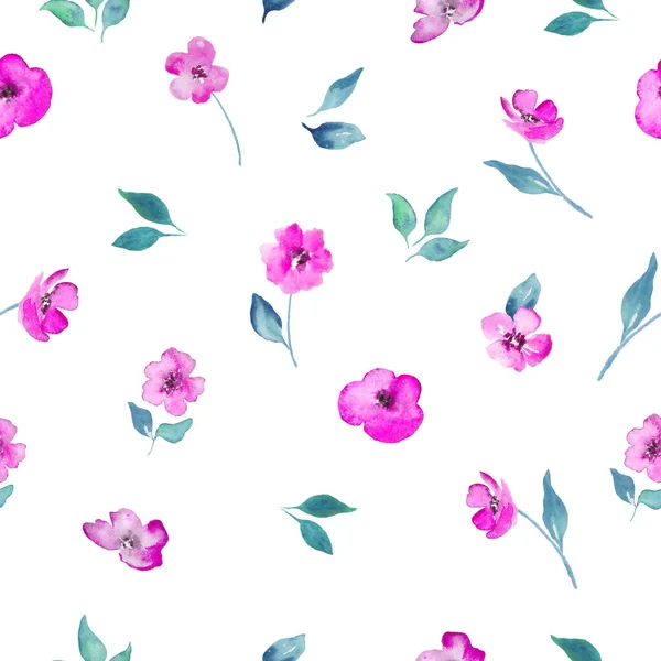 Watercolor Seamless Pattern Abstract Spring Purple Flowers Green Leaves Hand — Foto Stock
