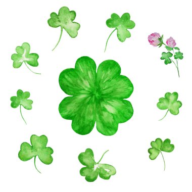 Watercolor St.Patrick's day set with green clover. Hand drawn illustration for wrapping, packaging design. Vector EPS.