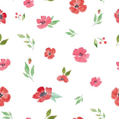 Watercolor seamless pattern with abstract red flowers, green leaves. Hand drawn floral illustration isolated on white background. For packaging, wrapping design or print. Vector EPS.