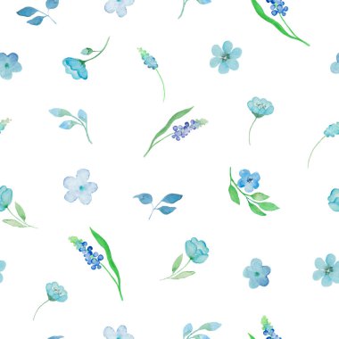 Watercolor floral seamless pattern with painted abstract blue flowers, branches, leaves. Hand drawn spring illustration isolated on white background. For packaging, wrapping design or print. Vector EPS.