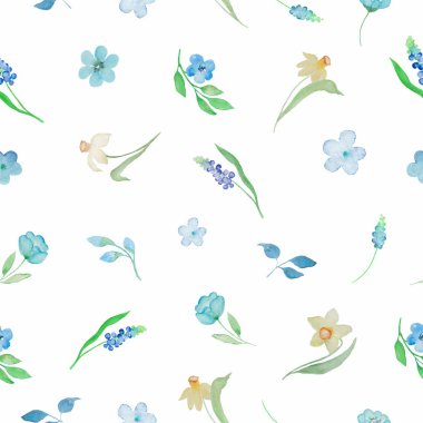  Watercolor floral seamless pattern with abstract blue flowers, narcissus, muscari. Hand drawn spring illustration. For packaging, wrapping design or print. Vector EPS.