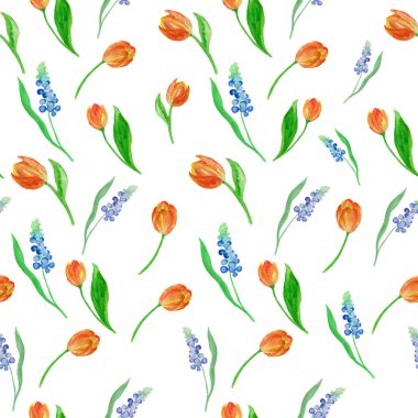 Watercolor seamless pattern with tulips and muscari. Hand drawn illustration with spring flowers. For packaging, wrapping design. For Women's day, Mother's day.