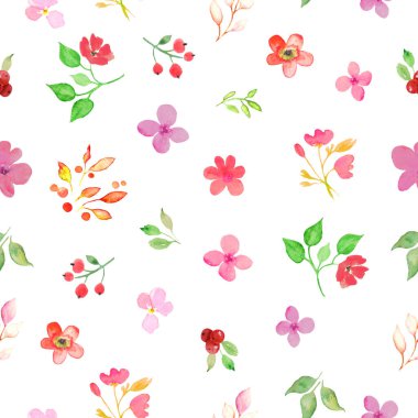 Watercolor floral seamless pattern with abstract colorful flowers, leaves, berries. Hand drawn spring illustration isolated on white background. For packaging, wrapping design or print. Vector EPS.